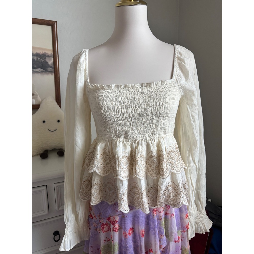 Cottagecore Boho Peplum Top American Eagle Smocked Eyelet Lace Blouse Medium